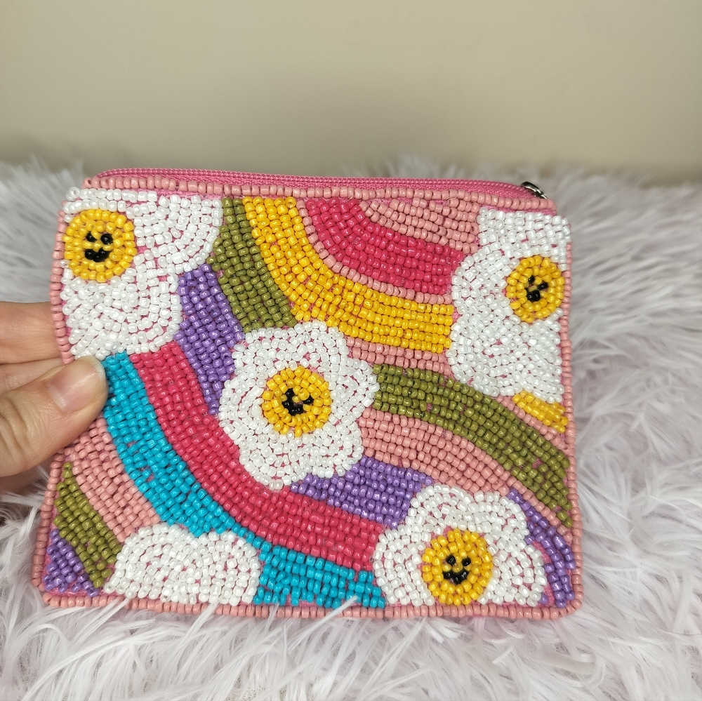 Beaded Rainbow Swirl and Smiley Face Flowers Pouch with Zipper
